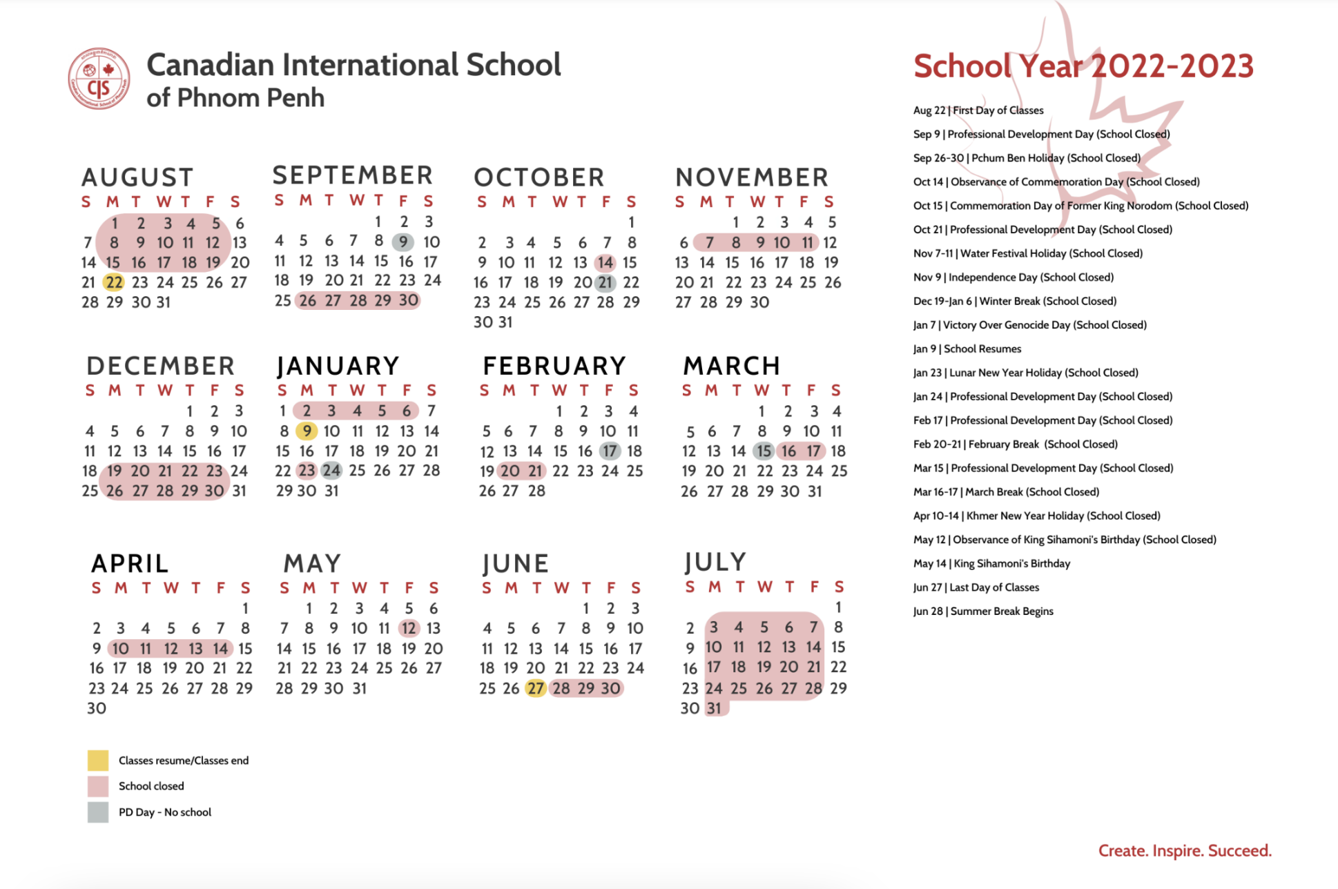 Calendar Canadian Int'l School of Phnom Penh